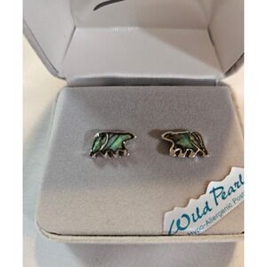 Wild Pearle Abalone Shell Bear Stud Earrings Hypoallergenic Silver Tone Boxed
